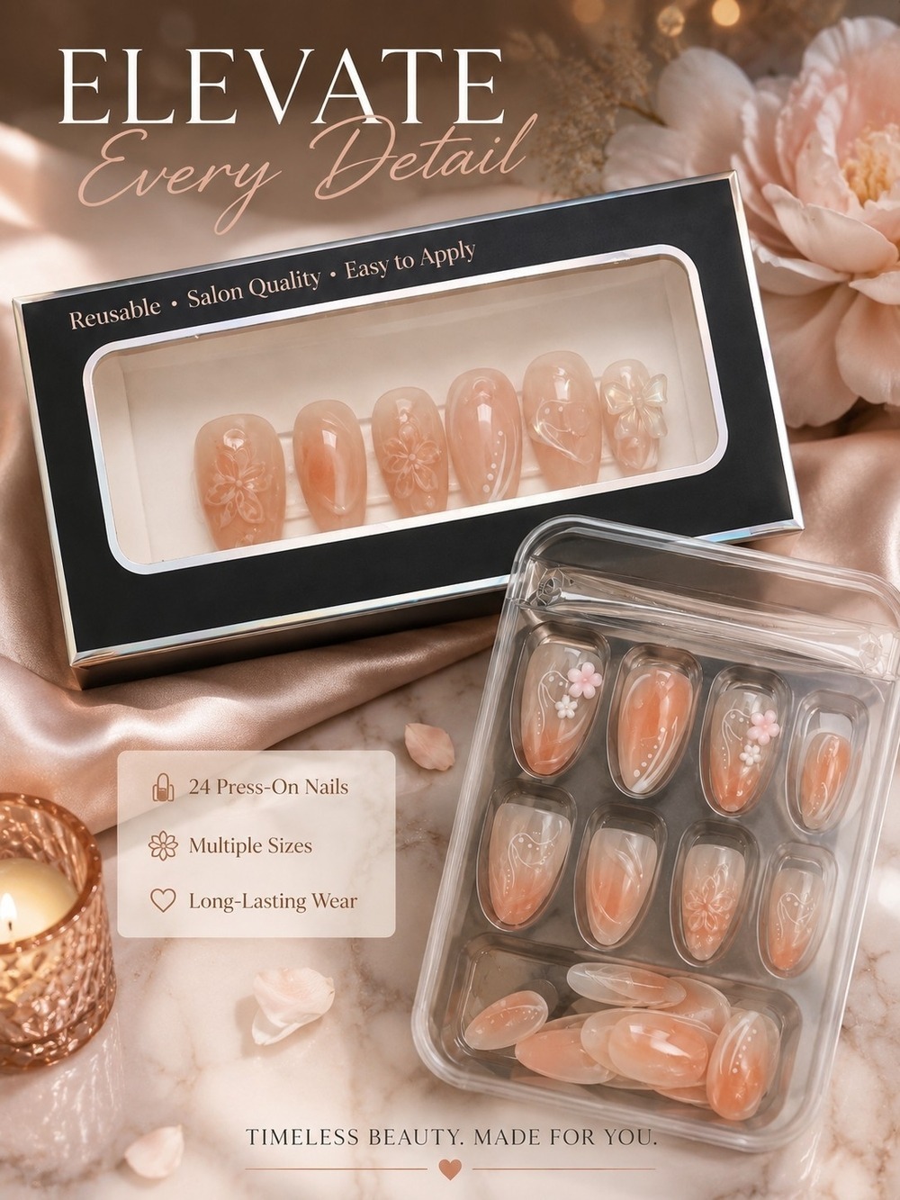 Peach Floral Press On Nail Set Sheer Gloss